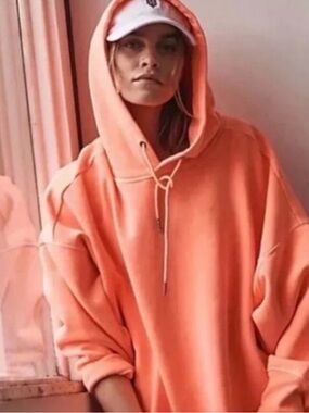 Free People Movement Neon Coral Hoodie Oversized Fleece Sweatshirt Size L